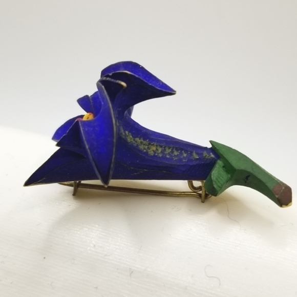 Gentian Violet Lily Mid Century Brooch Pin 30s Painted C Hook Closure Blue Vtg - Picture 9 of 12